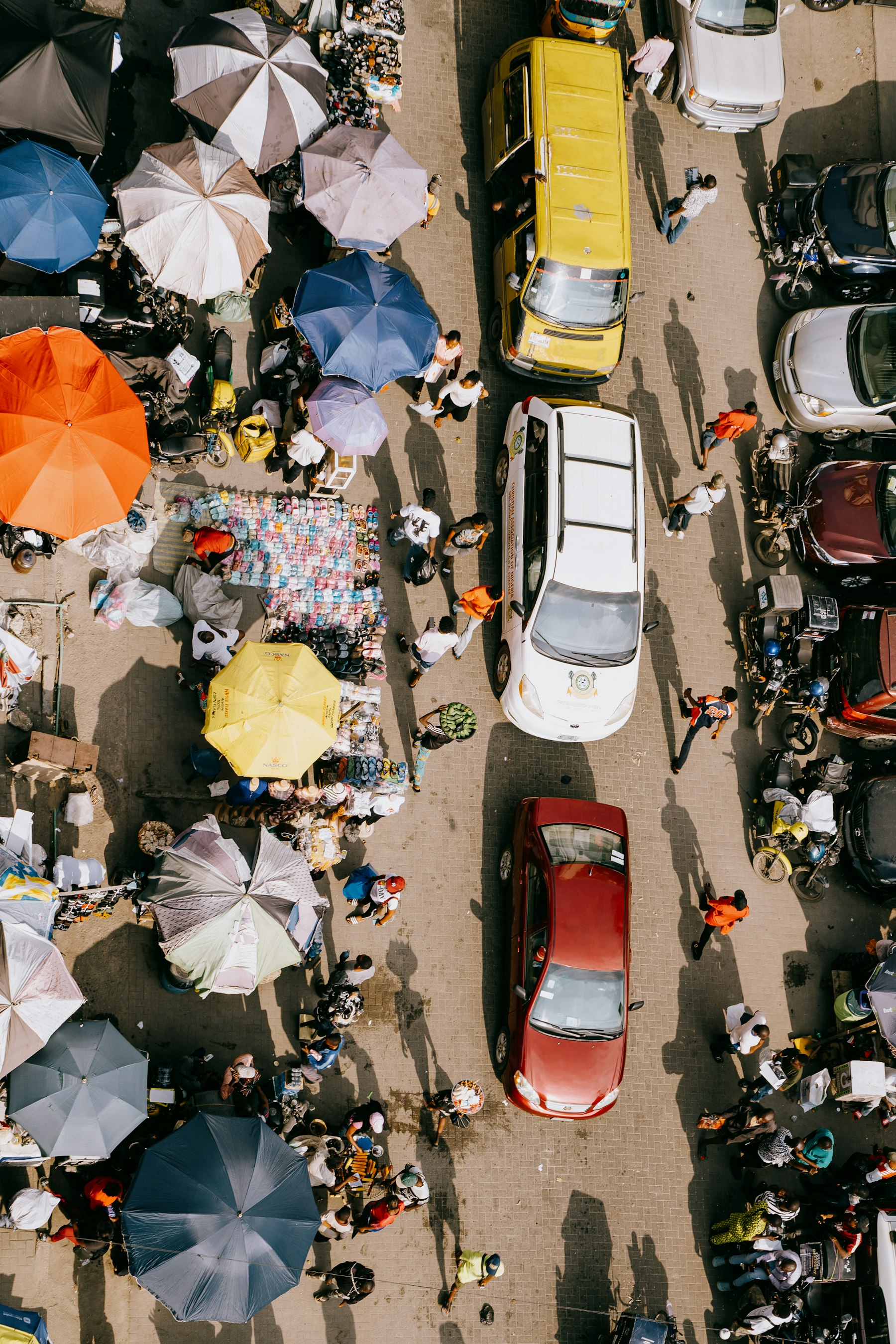 Aerial view of a bustling Lagos street market